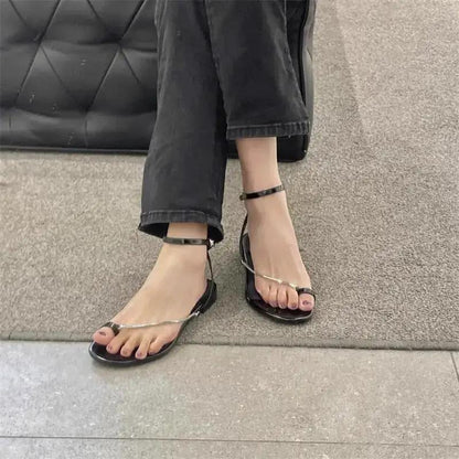 European and American Style Sexy Thong Sandals for Women 2026 New Versatile One-Strap Metal Chain Low-Heeled Roman Sandals Beach Slippers by Dropshipman