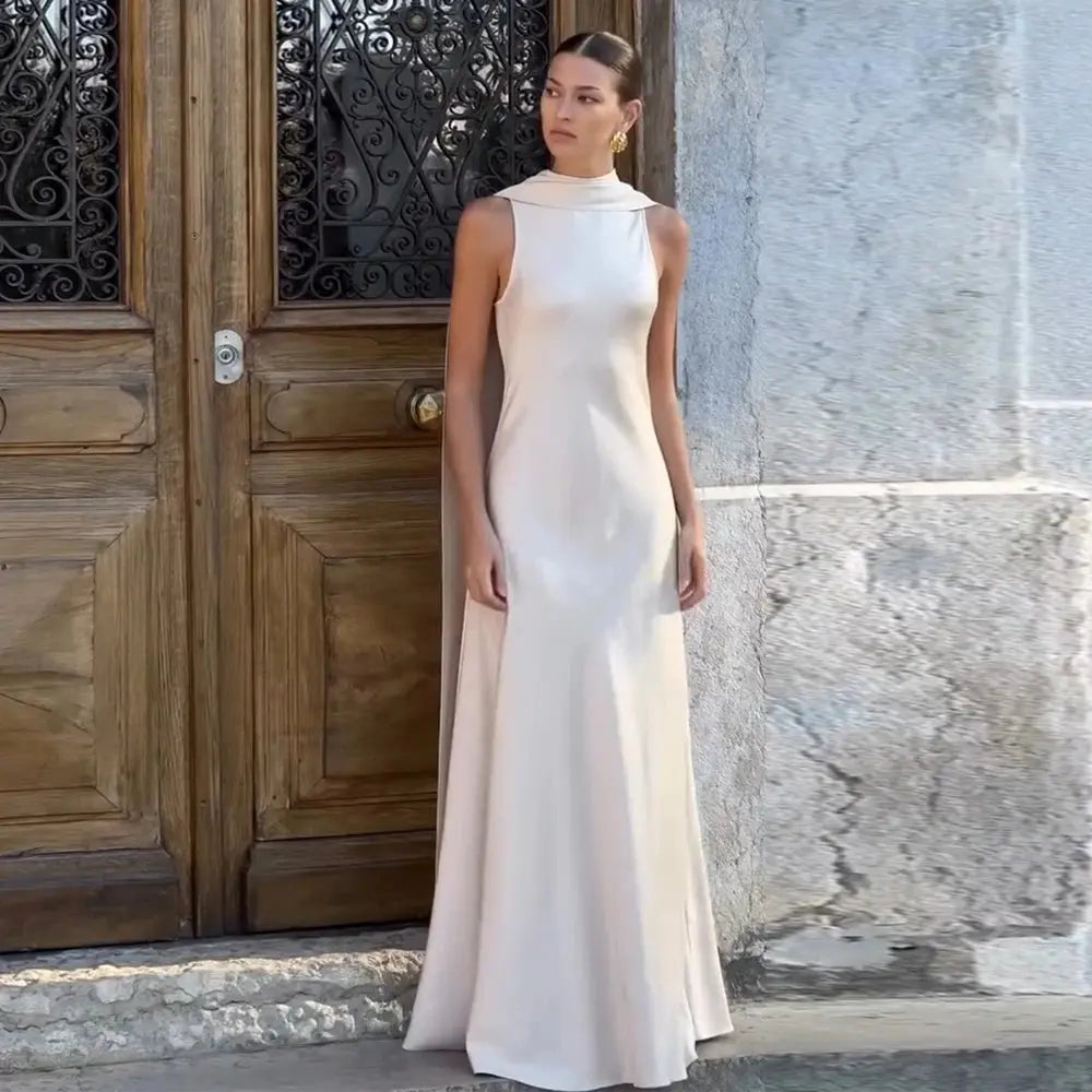 Saudi Arabian Dresses for Special Occasions Satin Mermaid Evening Dress White O-Neck Trumpet Formal Dresses with Shawl SHOPEZRA L.L.C.