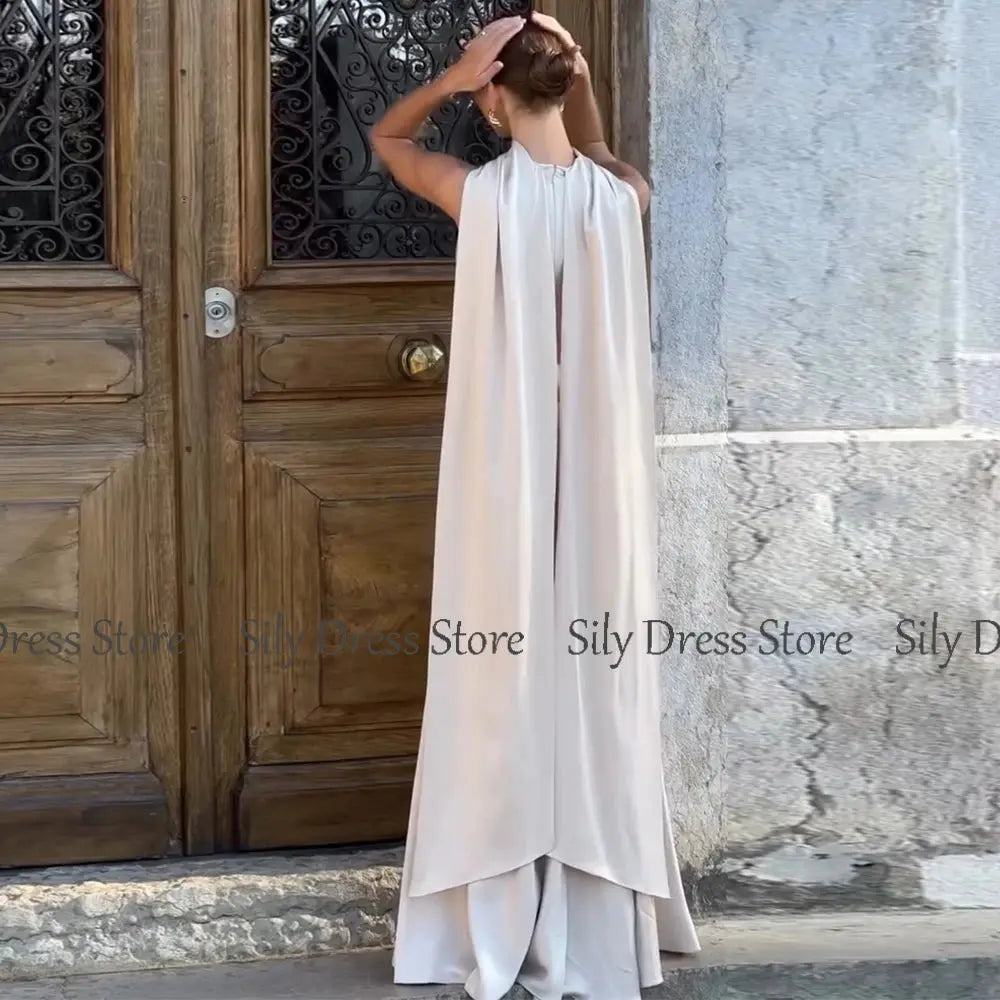 Saudi Arabian Dresses for Special Occasions Satin Mermaid Evening Dress White O-Neck Trumpet Formal Dresses with Shawl SHOPEZRA L.L.C.