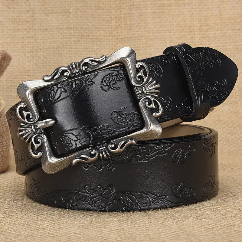 Silver buckle women's retro belt with embossed pattern, black leather, 105cm, stylish casual accessory for pants and all-match outfits.
