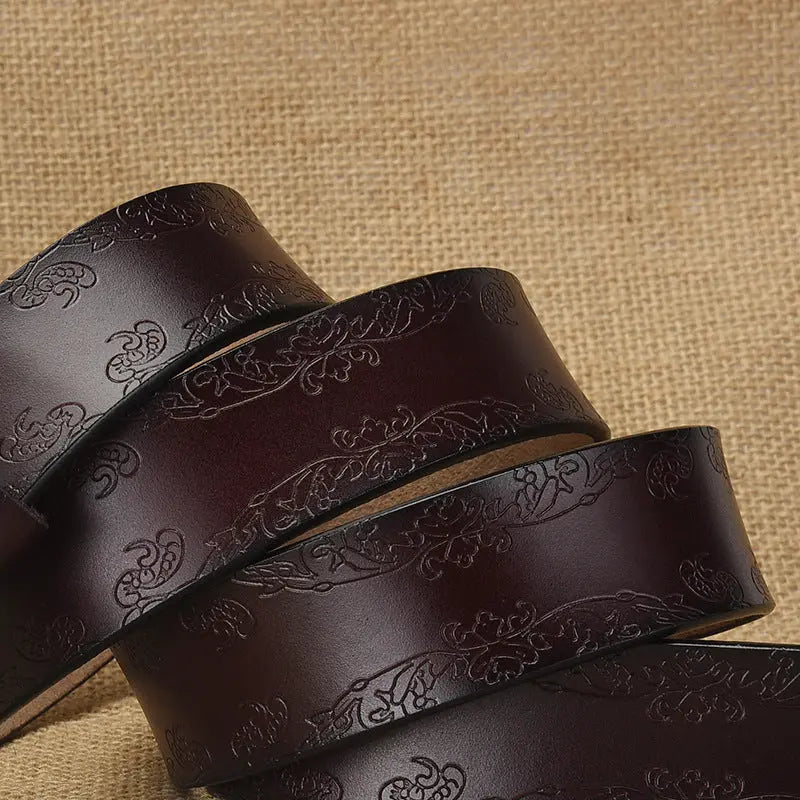 Black embossed pattern retro belt with silver pin buckle, 105cm, stylish casual belt for women, versatile and all-match.