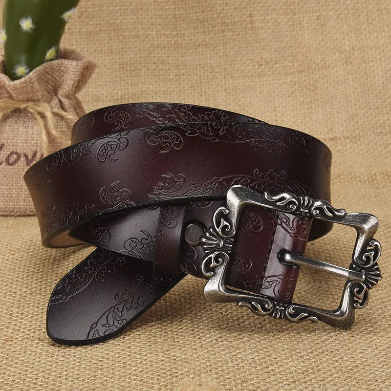 Black European and American women's retro embossed belt with silver pin buckle, 105cm, versatile casual style for pants and outfits.