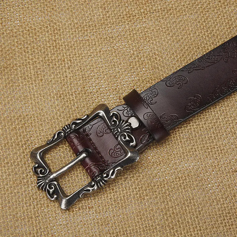 Silver buckle retro belt for women with embossed pattern, black leather, 105cm, stylish versatile casual accessory from SHOPEZRA L.L.C.