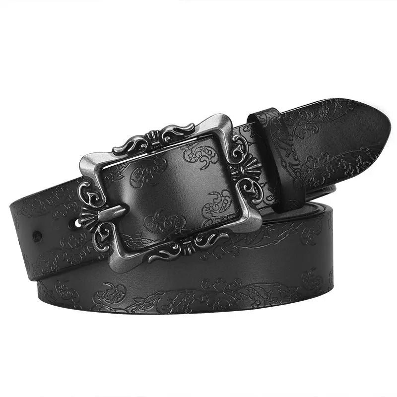 European and American women's retro embossed pattern belt with silver pin buckle, 105cm, stylish casual accessory for pants.