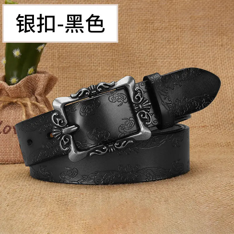 Black embossed pattern retro belt with silver pin buckle for women, adjustable 105cm, stylish casual accessory for pants and dresses.