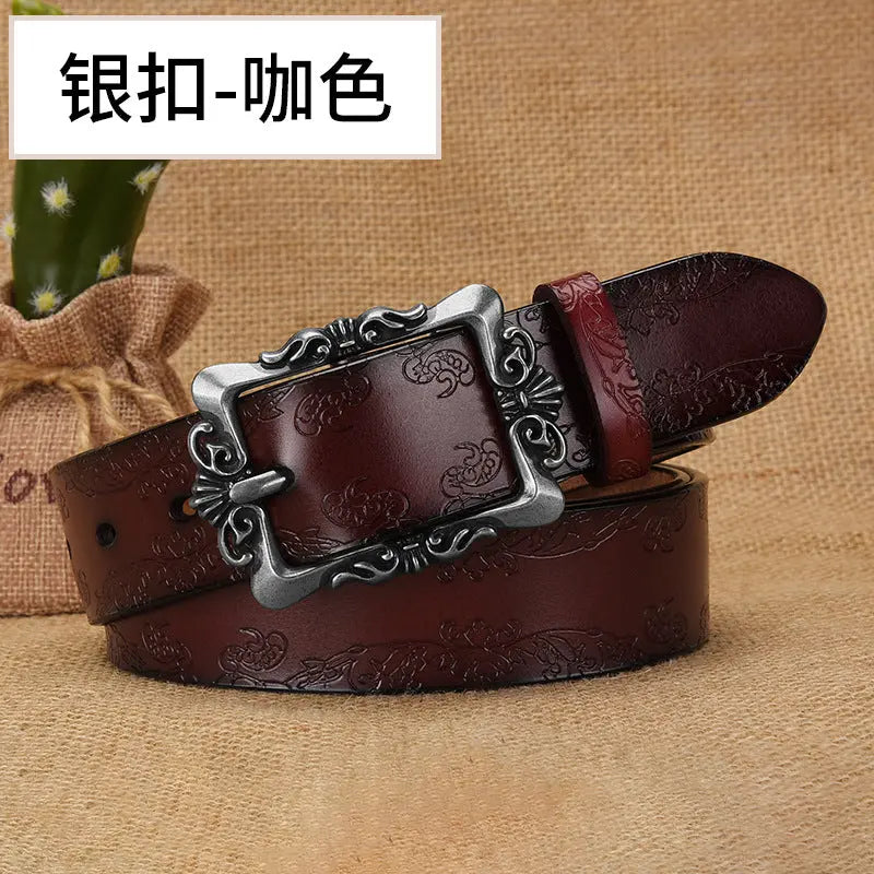Black embossed pattern retro belt with silver pin buckle, 105cm, stylish women's casual accessory perfect for all-match pants.