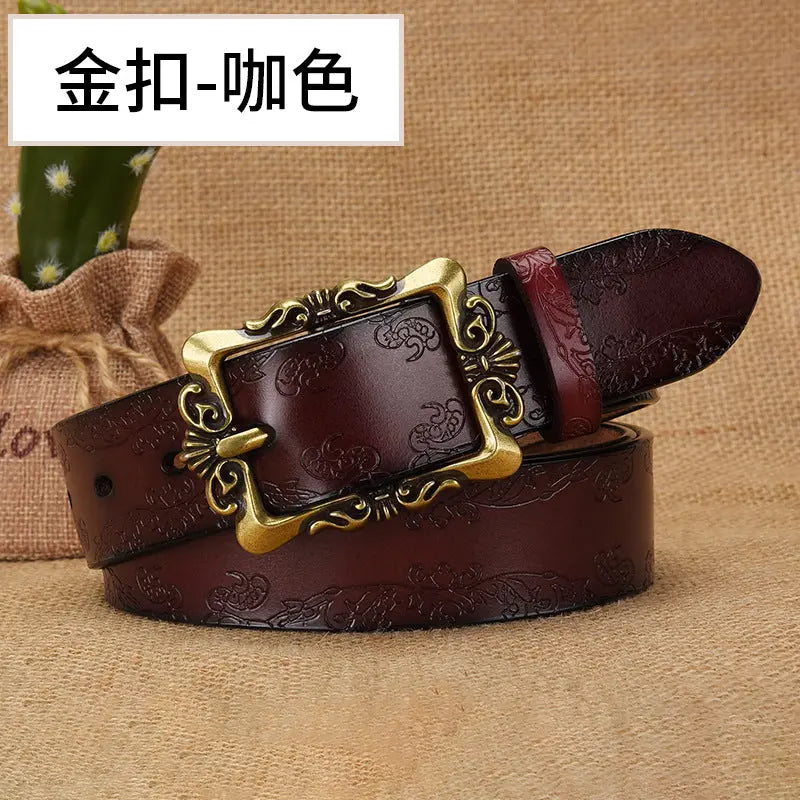 Silver buckle women's retro belt with embossed pattern, black leather, 105cm, stylish all-match casual belt by SHOPEZRA L.L.C.