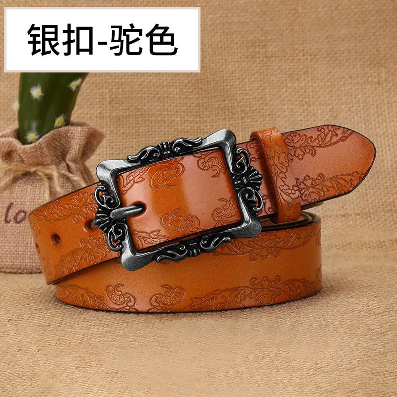 Black retro women's belt with embossed pattern and silver pin buckle, 105cm, stylish all-match casual accessory from SHOPEZRA L.L.C.