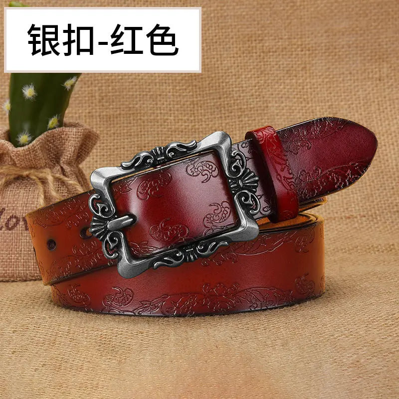 SHOPEZRA L.L.C. women's black embossed retro belt with silver pin buckle, 105cm, stylish casual accessory for pants and all outfits.
