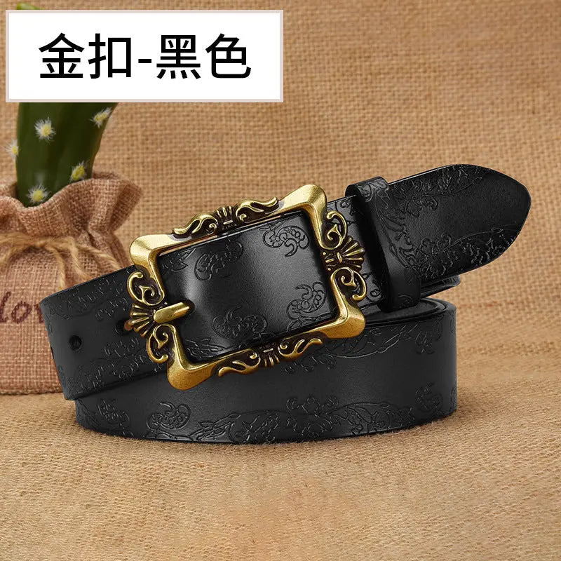 Black embossed pattern retro belt with silver pin buckle, 105cm, stylish casual women's belt for pants and all-match outfits.