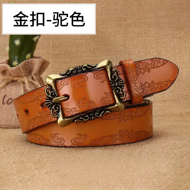 Black European and American women's retro embossed pattern belt with silver pin buckle, 105cm, casual and all-match style by SHOPEZRA L.L.C.