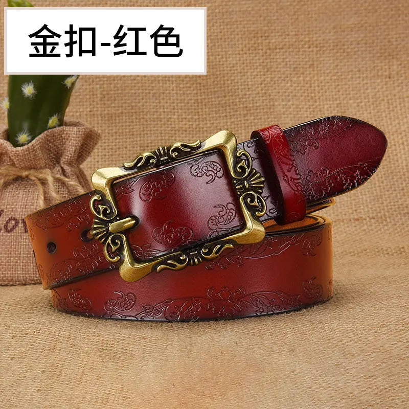 Black embossed pattern retro belt for women with silver pin buckle, 105cm, stylish all-match casual belt from SHOPEZRA L.L.C.