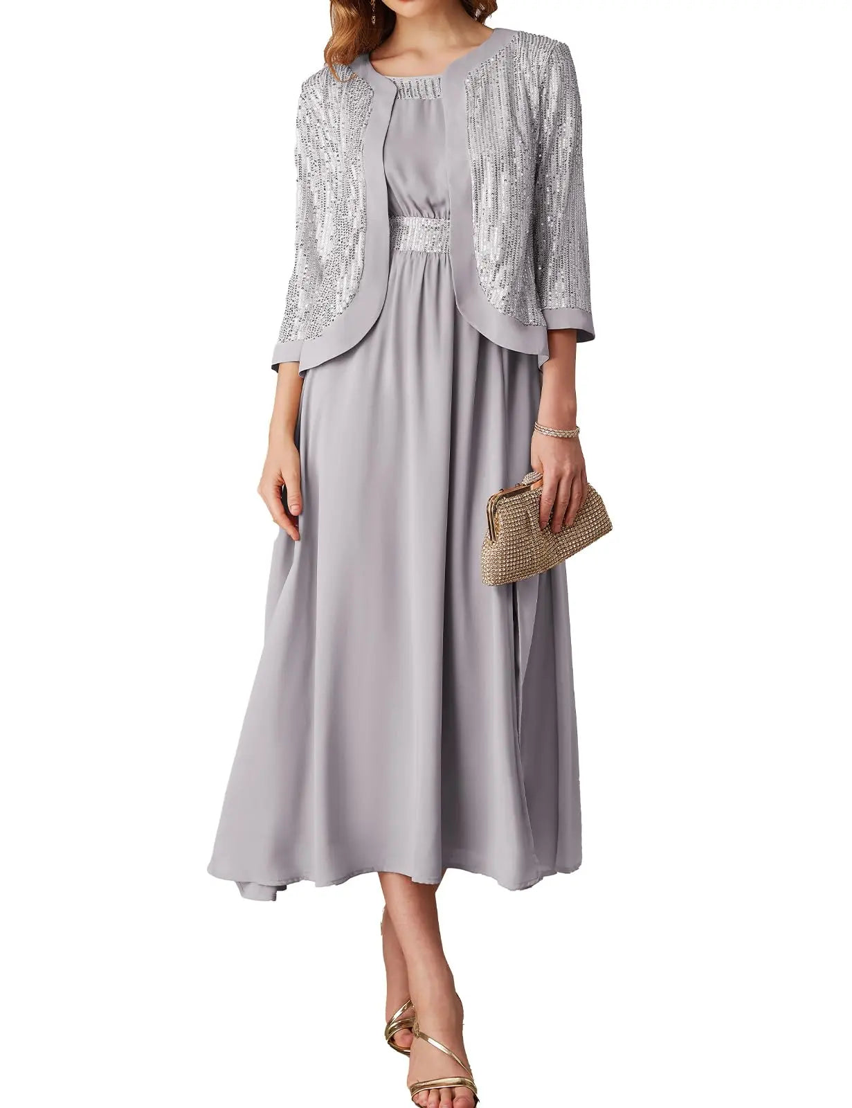 Elegant two-piece sparkly mother of the bride dresses featuring a silver sequined jacket and a flowing gray dress.