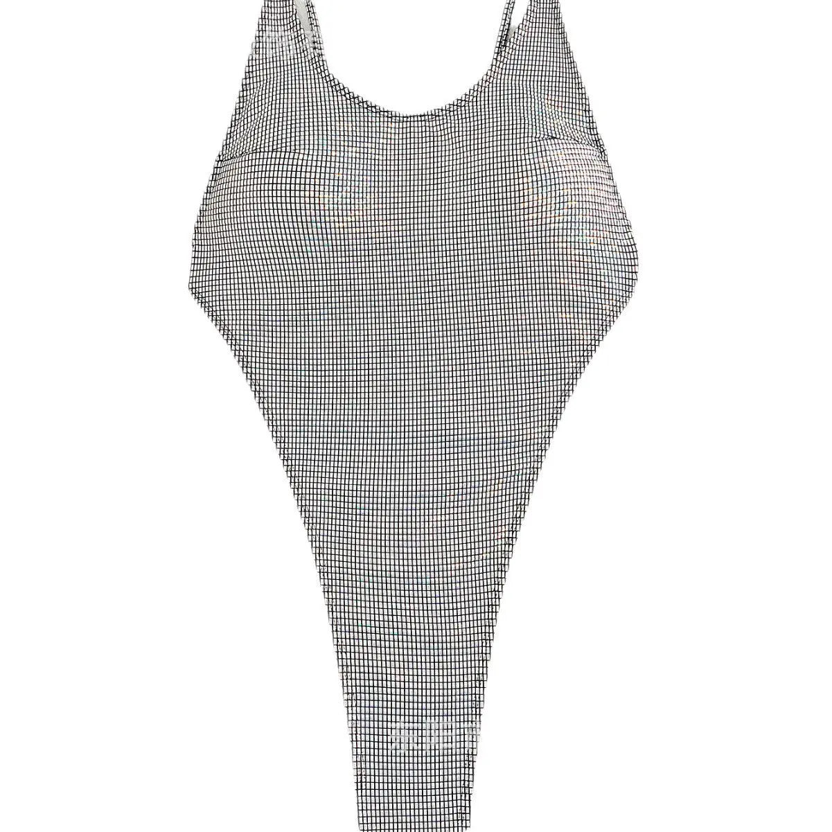 Silver backless thong bikini one-piece swimsuit by SHOPEZRA L.L.C., featuring a bright surface, sexy European and American style.