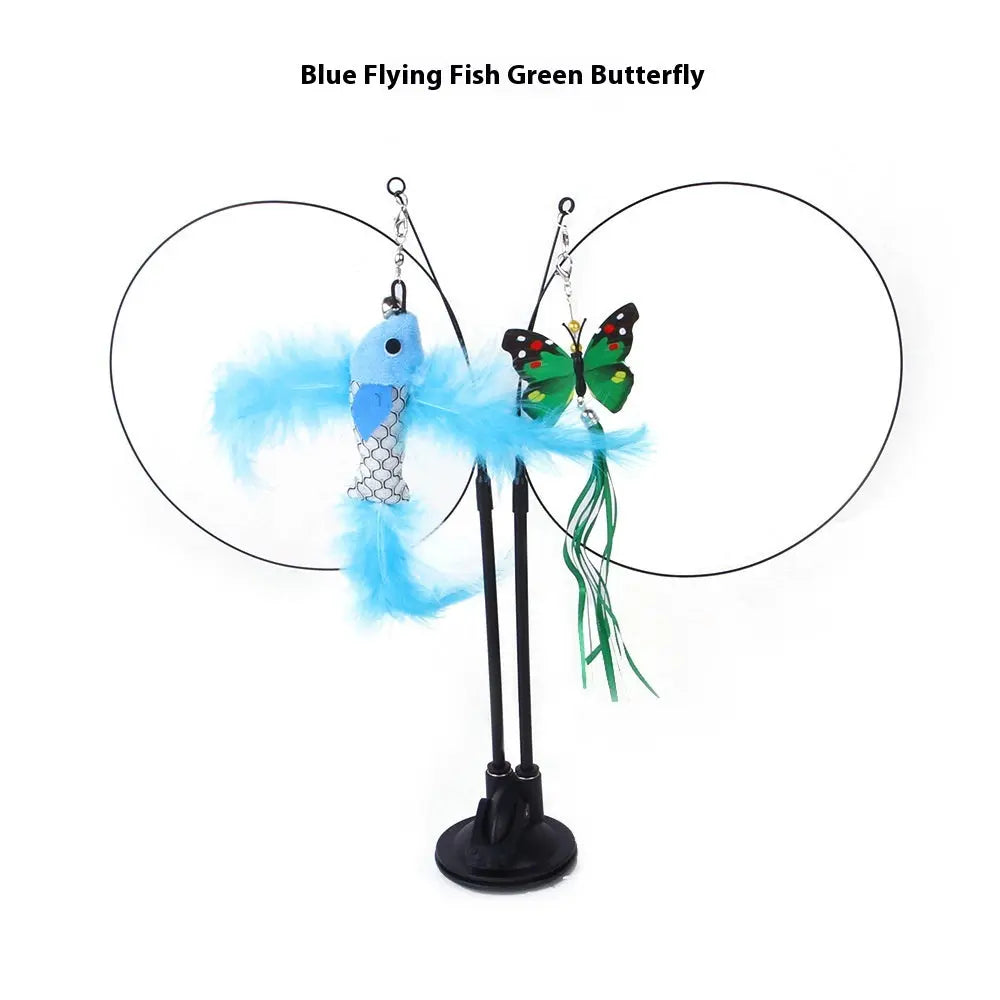 Interactive cat teaser toy featuring a blue flying fish and green butterfly, stimulating play for cats.