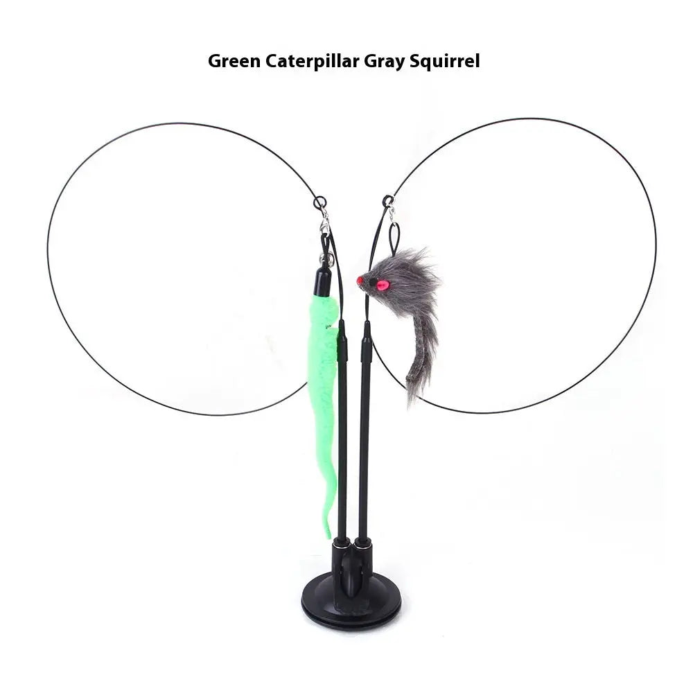 Interactive cat teaser toy with green caterpillar and gray squirrel attachments.