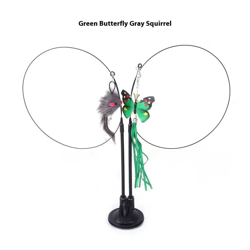 Interactive cat teaser toy with butterfly and squirrel attachments on a suction base.