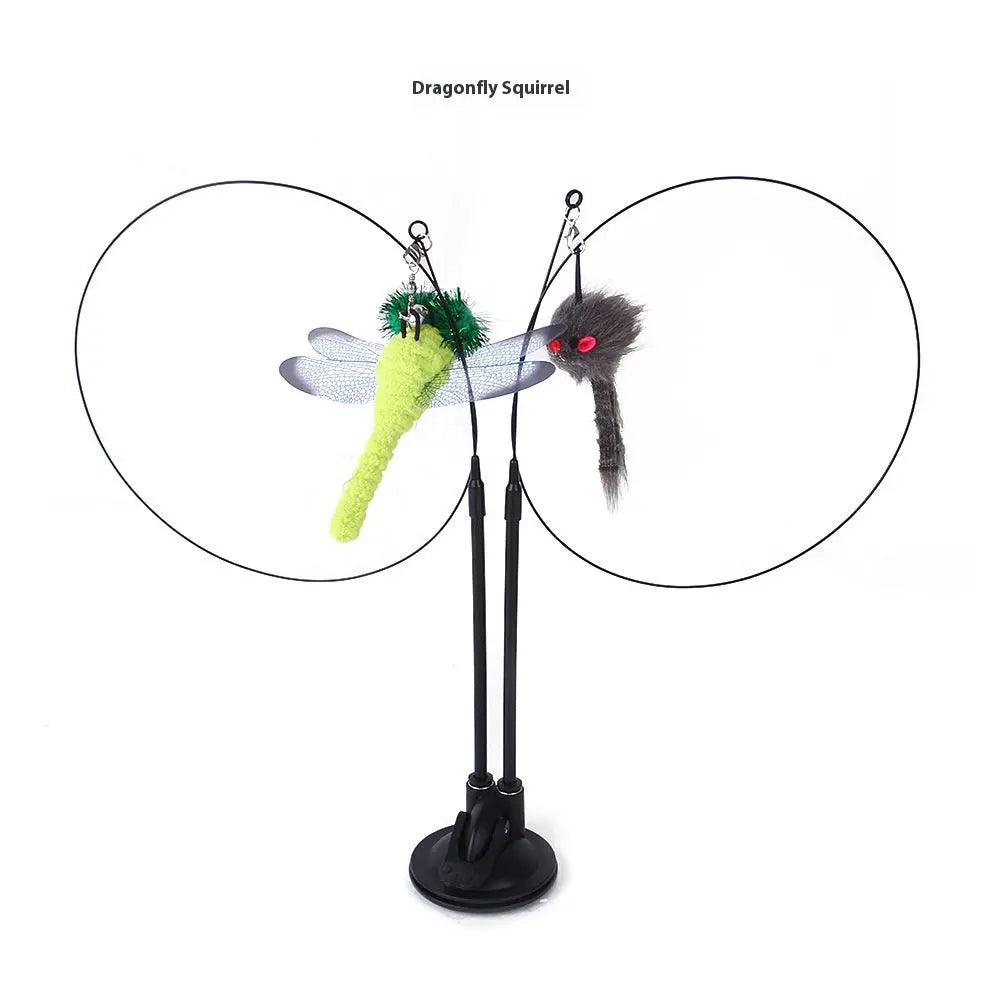 Interactive cat teaser toy with dragonfly and squirrel attachments for engaging feline play.