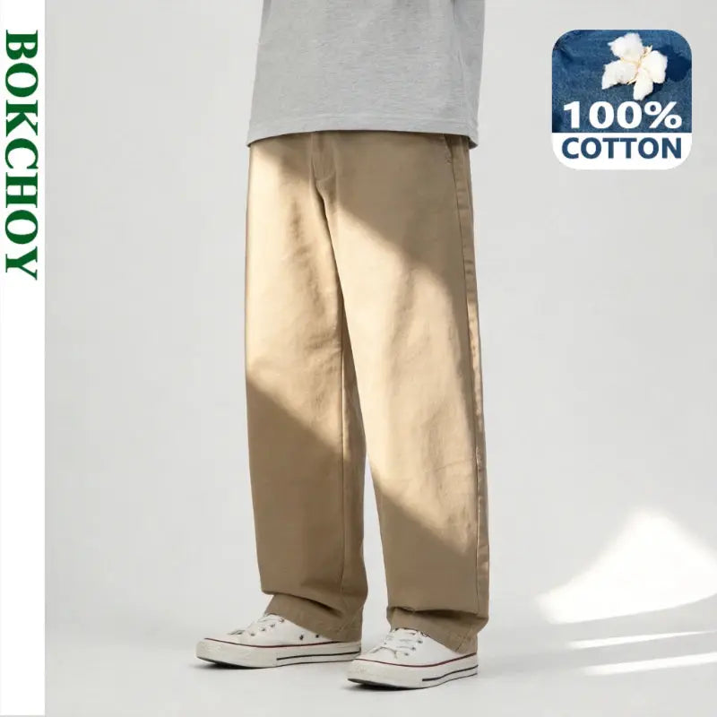 Light beige men's 100% cotton casual straight trousers with a relaxed fit, perfect for spring and summer comfort.