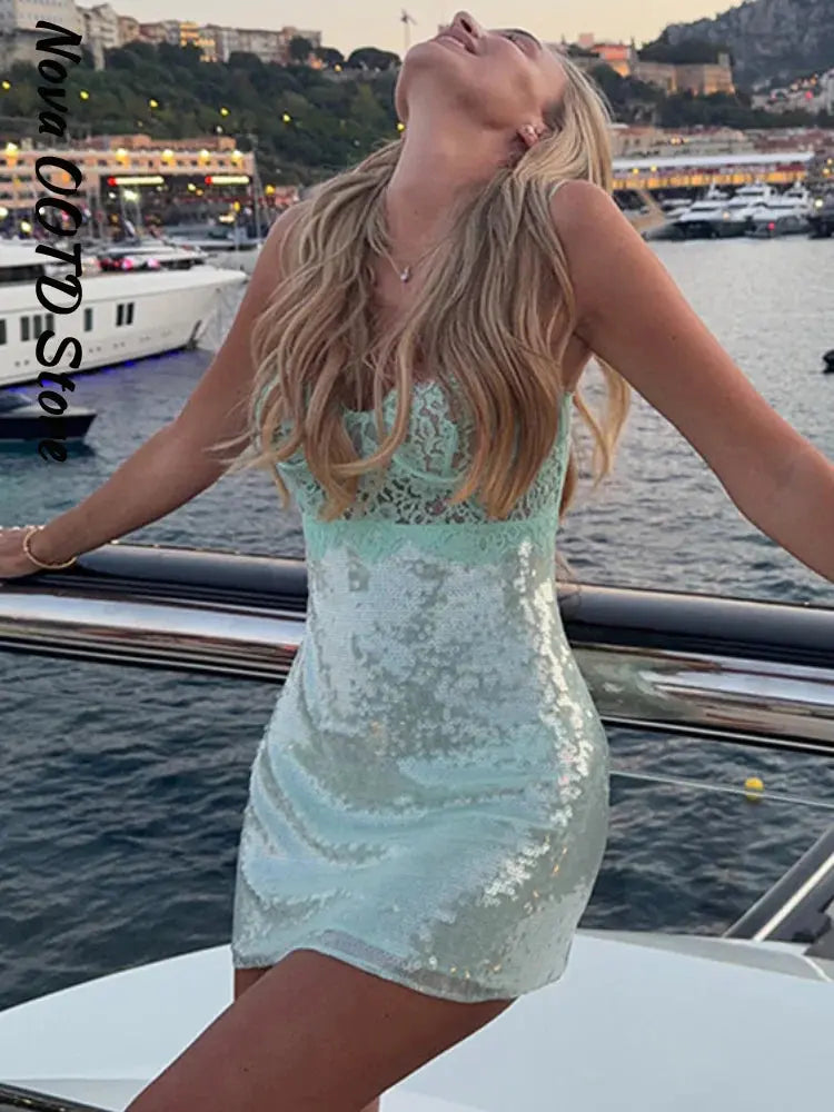Women's beach sequin dress by SHOPEZRA L.L.C., Y2K style, see-through lace spliced mini dress with straps for summer casual or party wear.