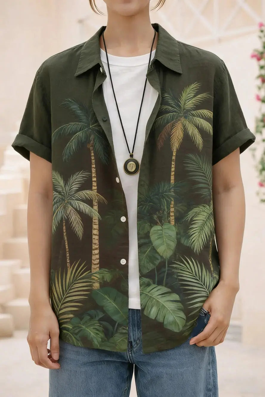 Sky blue men's summer linen short sleeve shirt with ocean octopus 3D print, ideal for Hawaiian vacations and outdoor fishing.