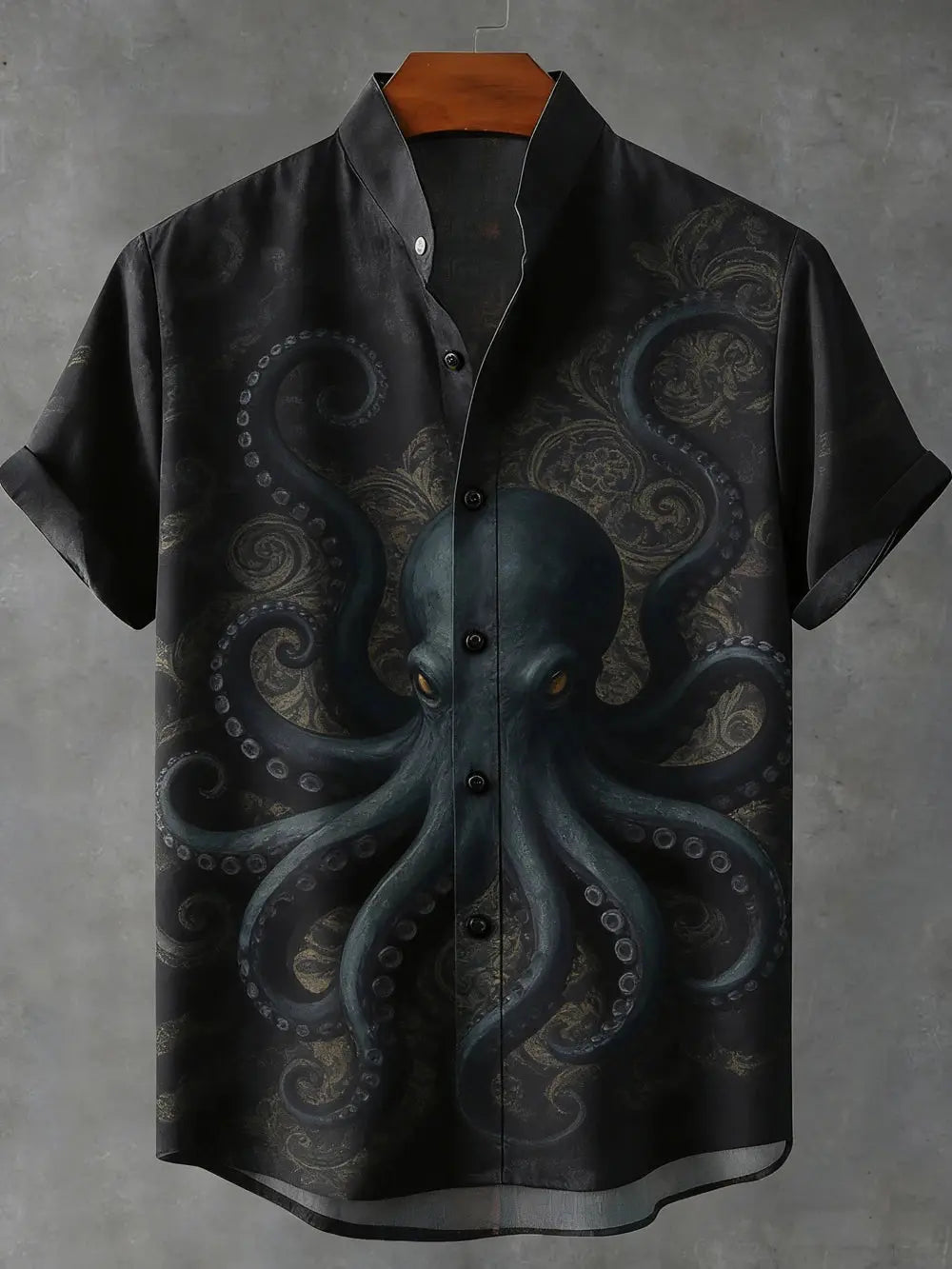 Sky blue men's summer linen short sleeve shirt with ocean octopus 3D print, perfect for Hawaiian vacations and outdoor fishing.