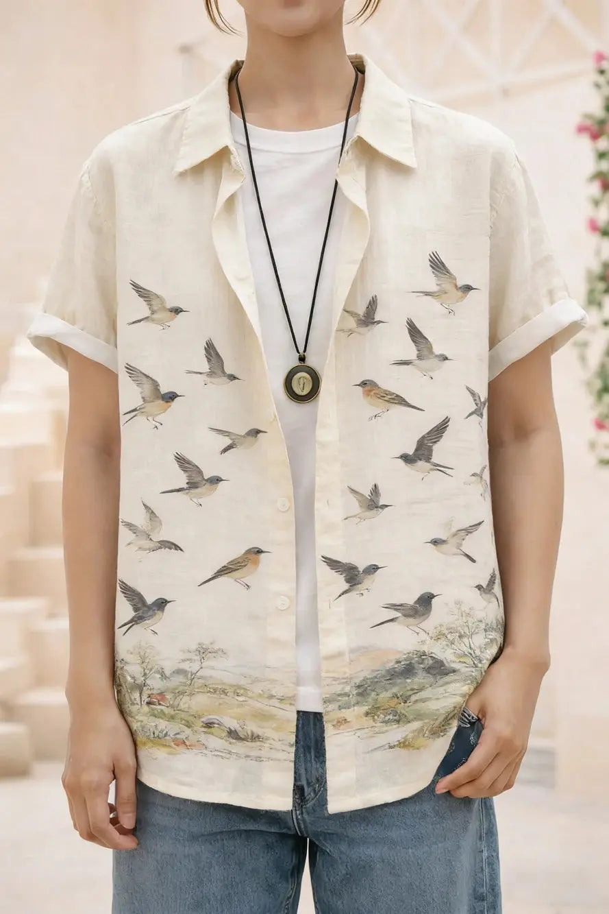 Sky blue men's linen short sleeve shirt with ocean octopus 3D print, perfect for Hawaiian vacations and outdoor fishing.