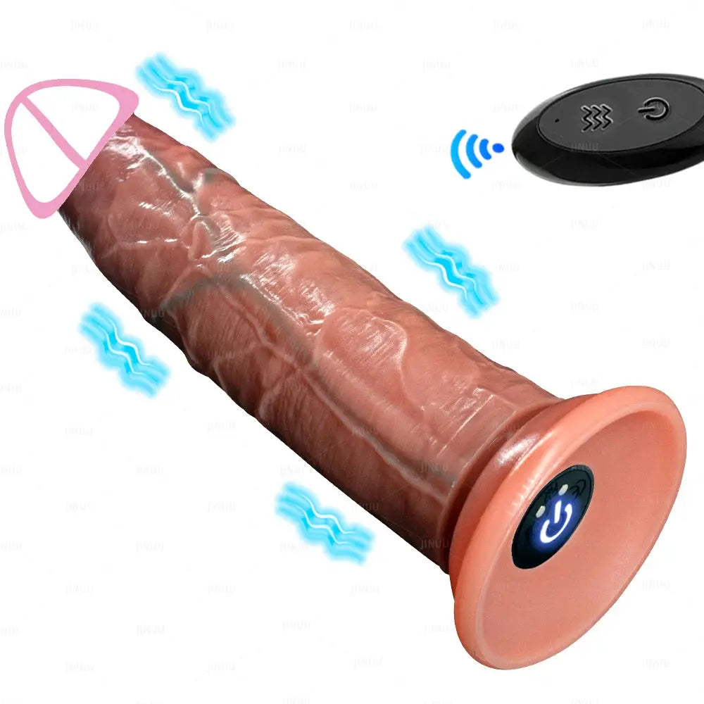 Realistic 8.46-inch dildo vibrator with sliding foreskin for women, designed for adult masturbation and pleasure.