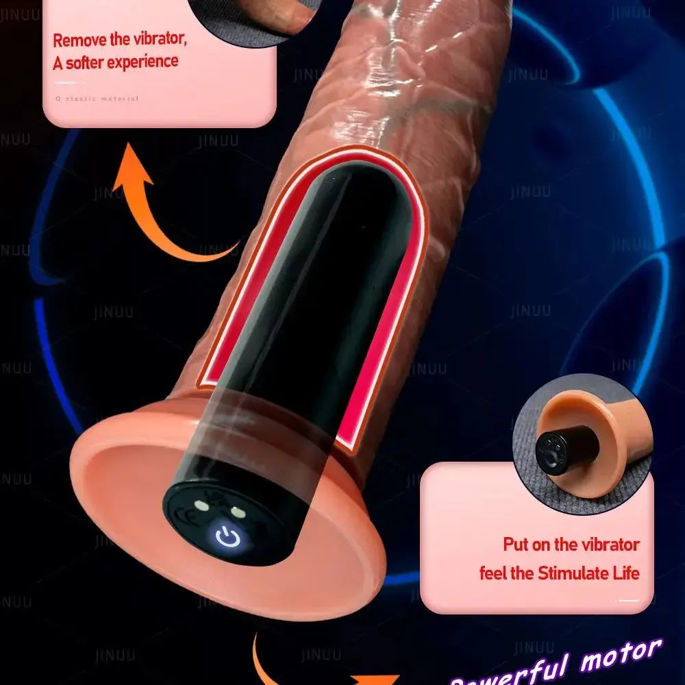 Realistic 8.46-inch dildo vibrator with sliding foreskin, designed for female masturbation, featuring textured details and a life-like appearance.