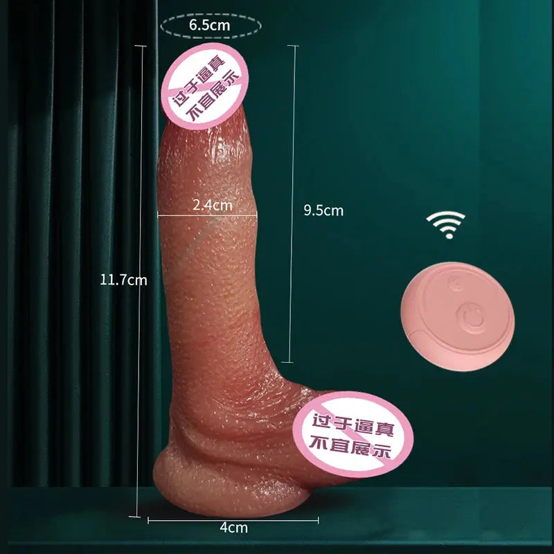Realistic 8.46-inch dildo vibrator with sliding foreskin, designed for female masturbation, featuring detailed texture and lifelike appearance.