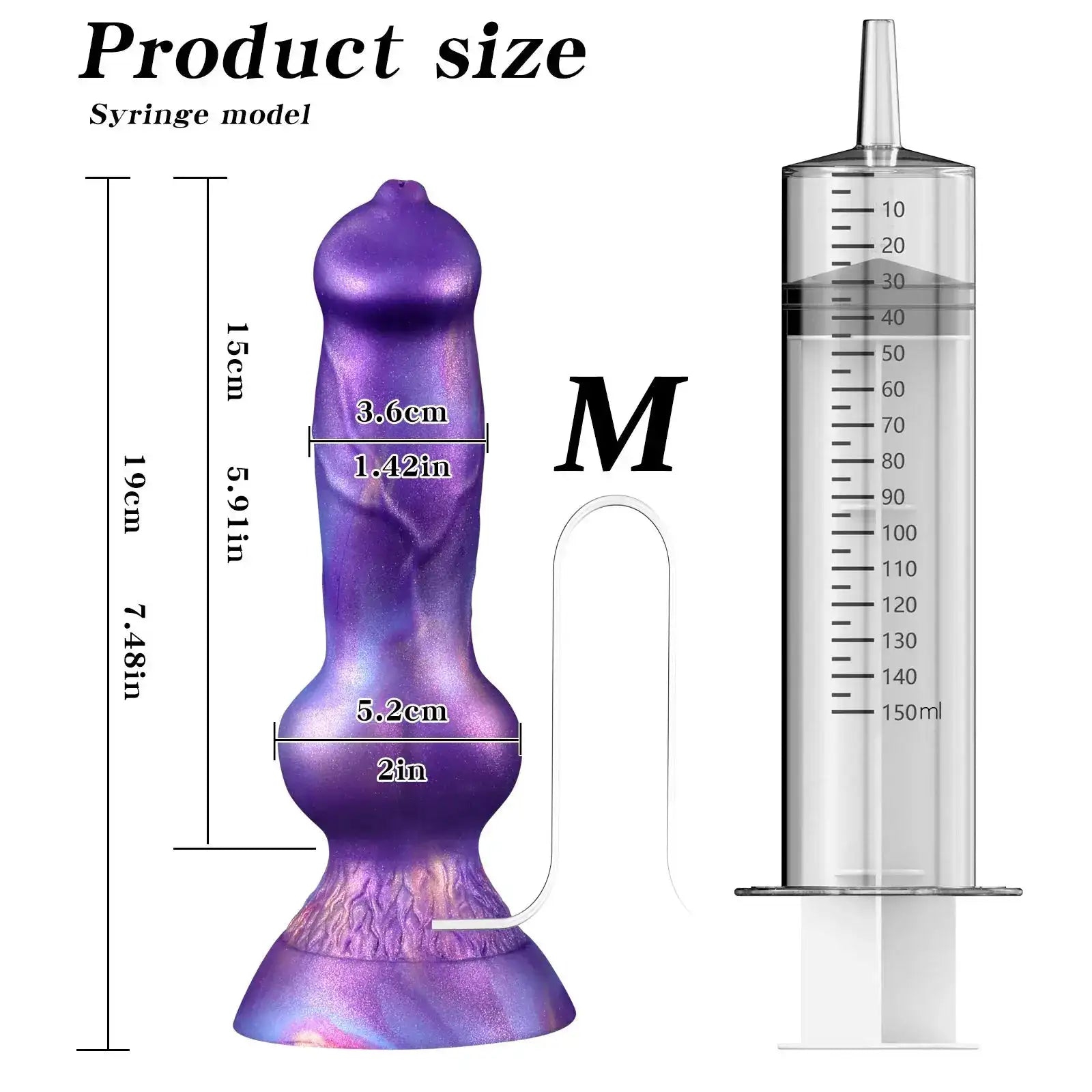 Squirting dildo with large penis, suction cup, dog knot design, for women and men, includes anal and butt plug features.