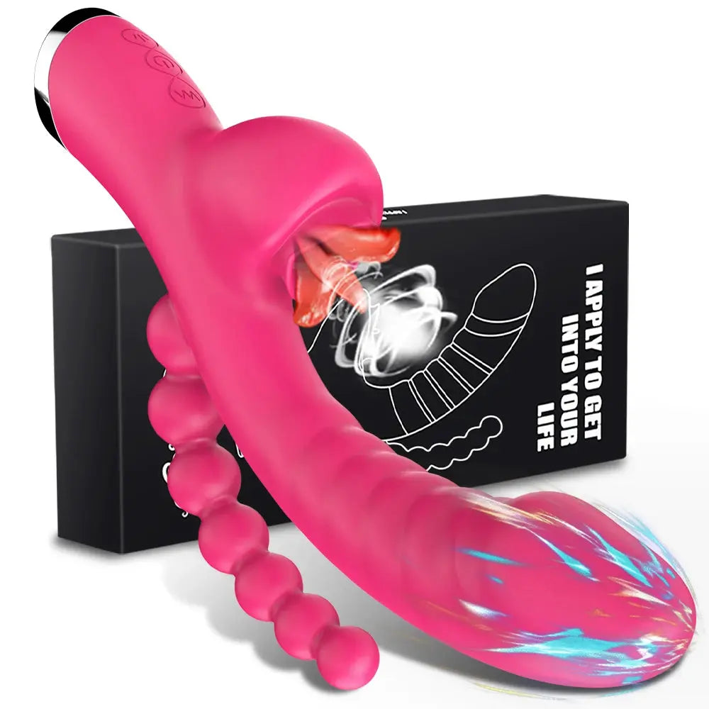 Red 3-in-1 dildo vibrator with clit licking, anal beads, G-spot, and anus stimulator for women, designed for adult pleasure.