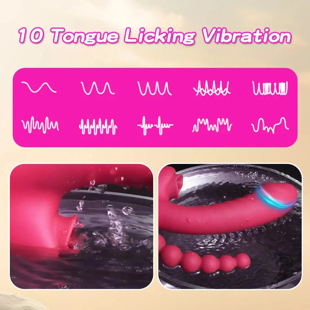 Red SHOPEZRA L.L.C. 3-in-1 dildo vibrator with clit licking, anal beads, G-spot, and anus stimulator for women and couples.