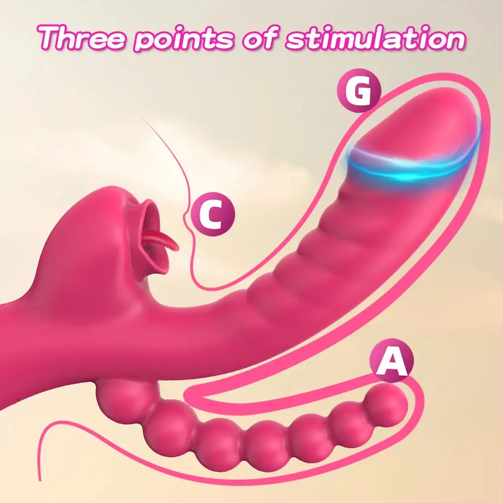 Red SHOPEZRA L.L.C. 3-in-1 dildo vibrator with clit licking, anal beads, G-spot and anus stimulator for women and couples.