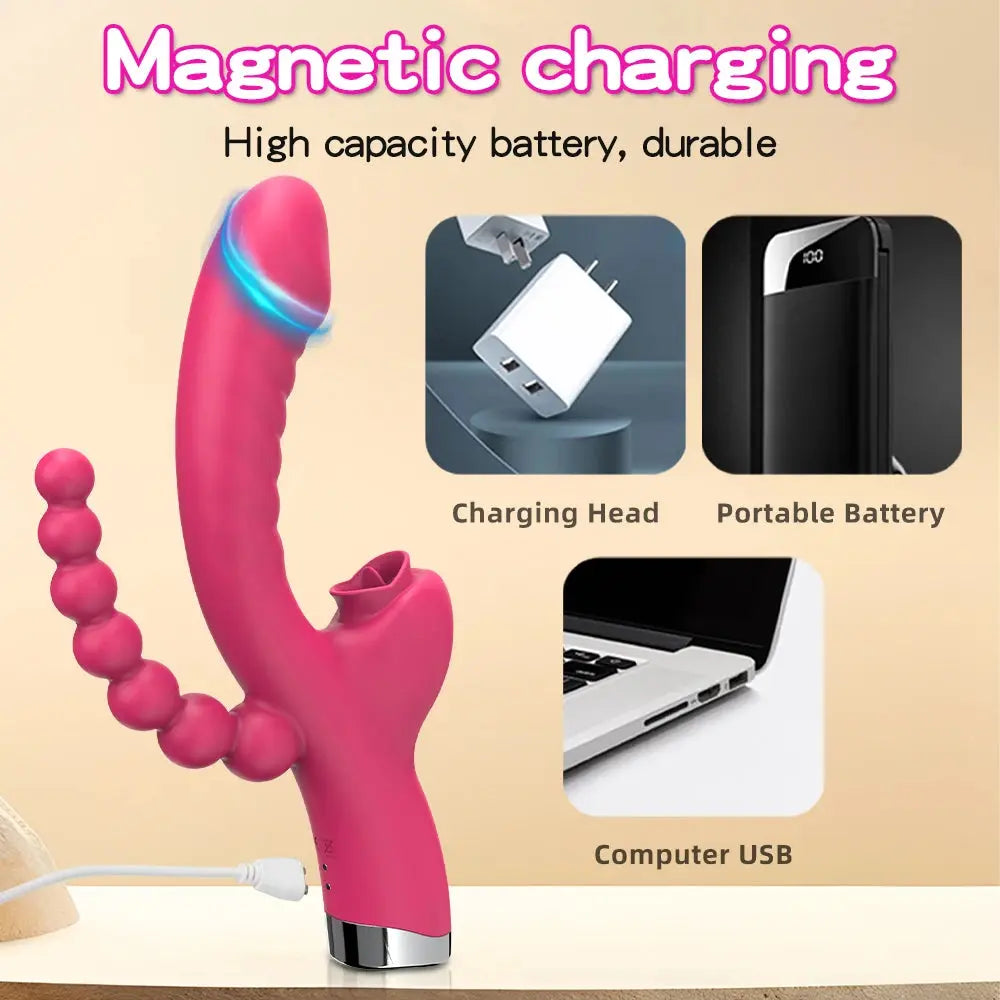 Red 3-in-1 SHOPEZRA L.L.C. dildo vibrator with clit licking, anal beads, G-spot and anus stimulator for women and couples.
