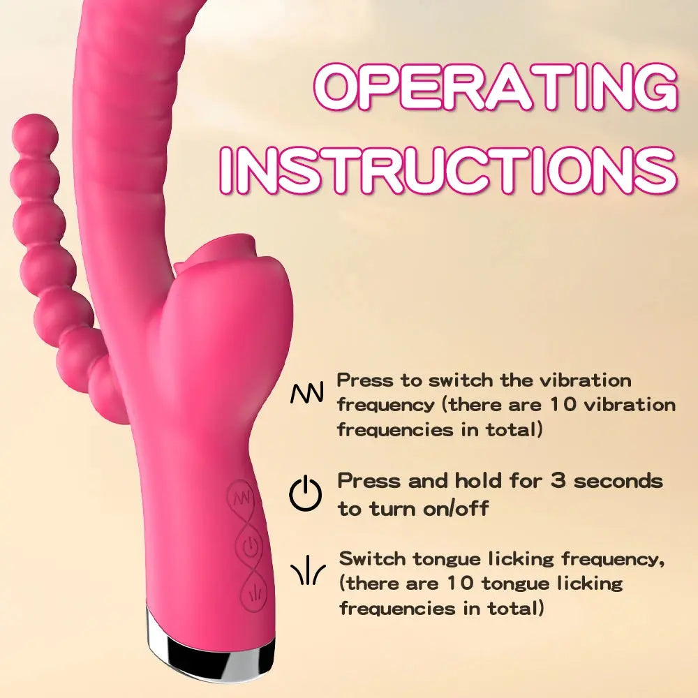 Red SHOPEZRA L.L.C. 3-in-1 dildo vibrator with clit licking, anal beads, G-spot, and anus stimulator for women and couples.