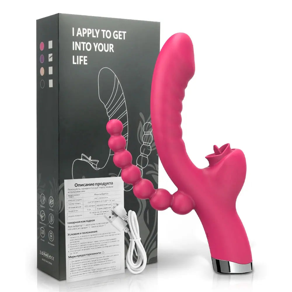 Red SHOPEZRA L.L.C. 3-in-1 dildo vibrator with clit licking, anal beads, G-spot, and anus stimulation for women and couples.