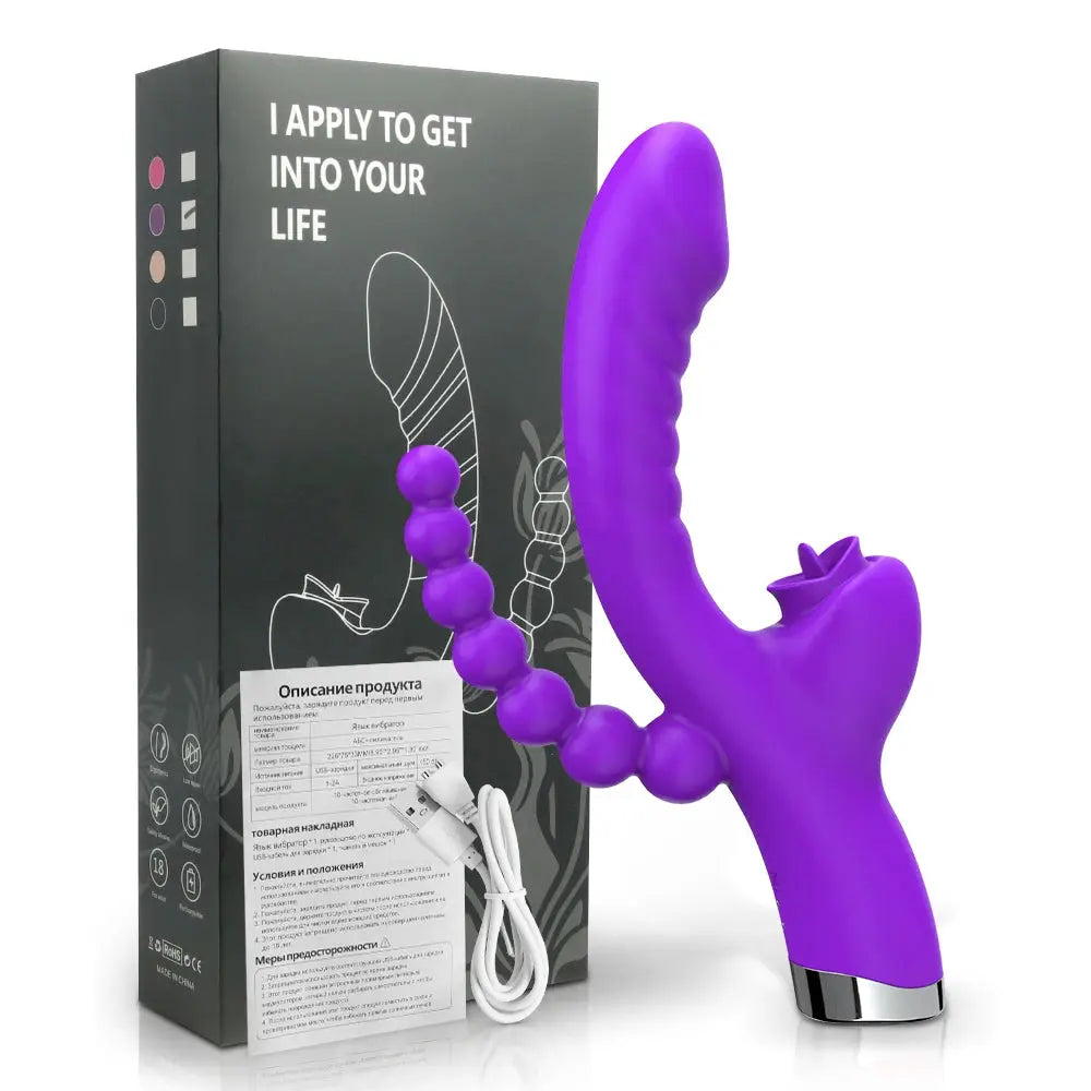 Red SHOPEZRA L.L.C. 3-in-1 dildo vibrator with clit licking, anal beads, G-spot, and anus stimulator for women and couples.