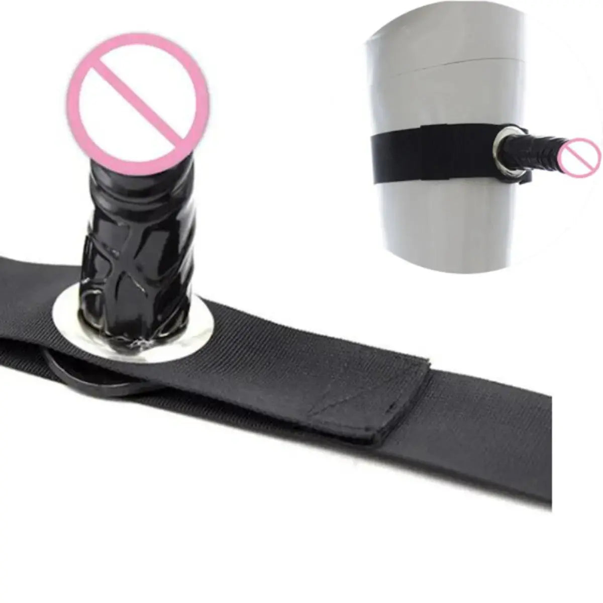 Couple BDSM sex game set with silicone dildo, strap-on, penis, masturbation stimulator, mouth gag for female and male partners.