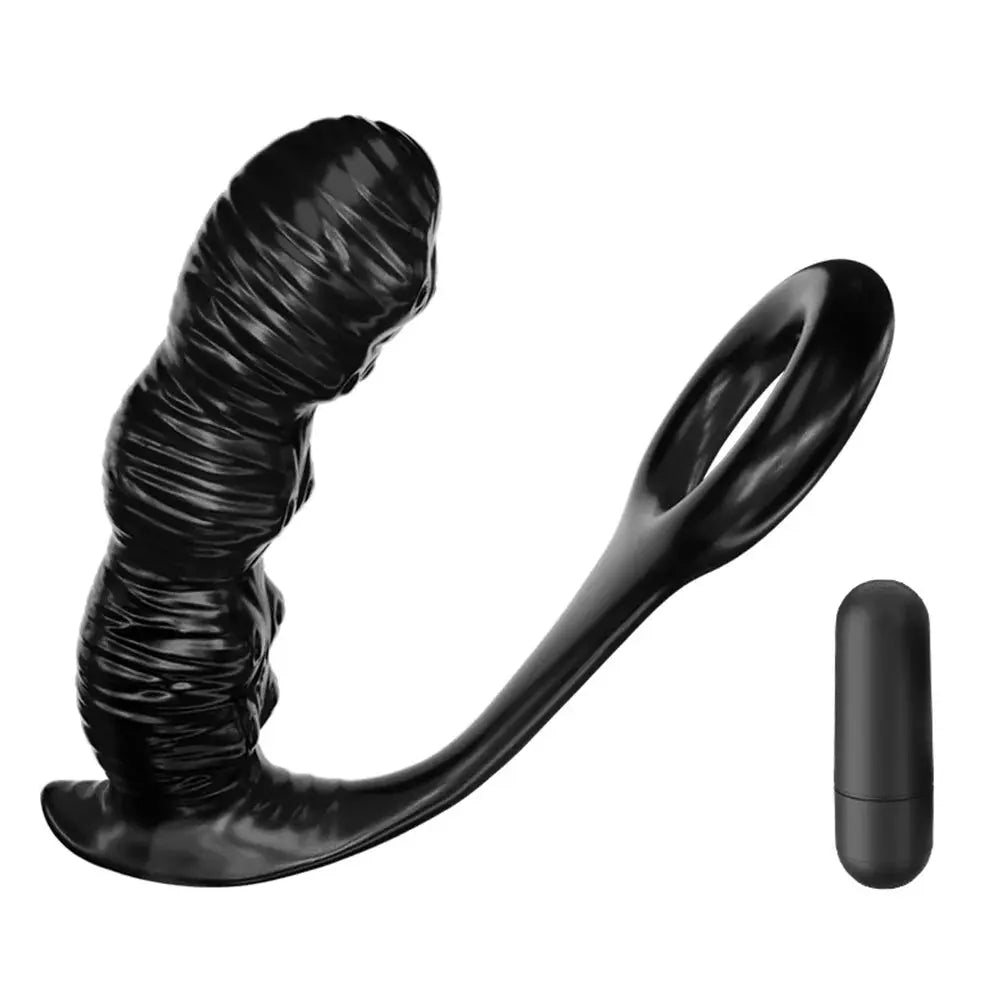 SHOPEZRA L.L.C. male prostate massager with anal vibrator, penis ring, butt plug, and bullet for gay male pleasure and masturbation.
