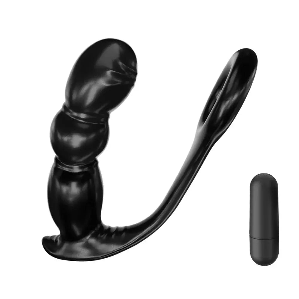 Male prostate massager with anal vibrator, penis ring, butt plug, and bullet for sexual pleasure, masturbation, and ejaculation delay.