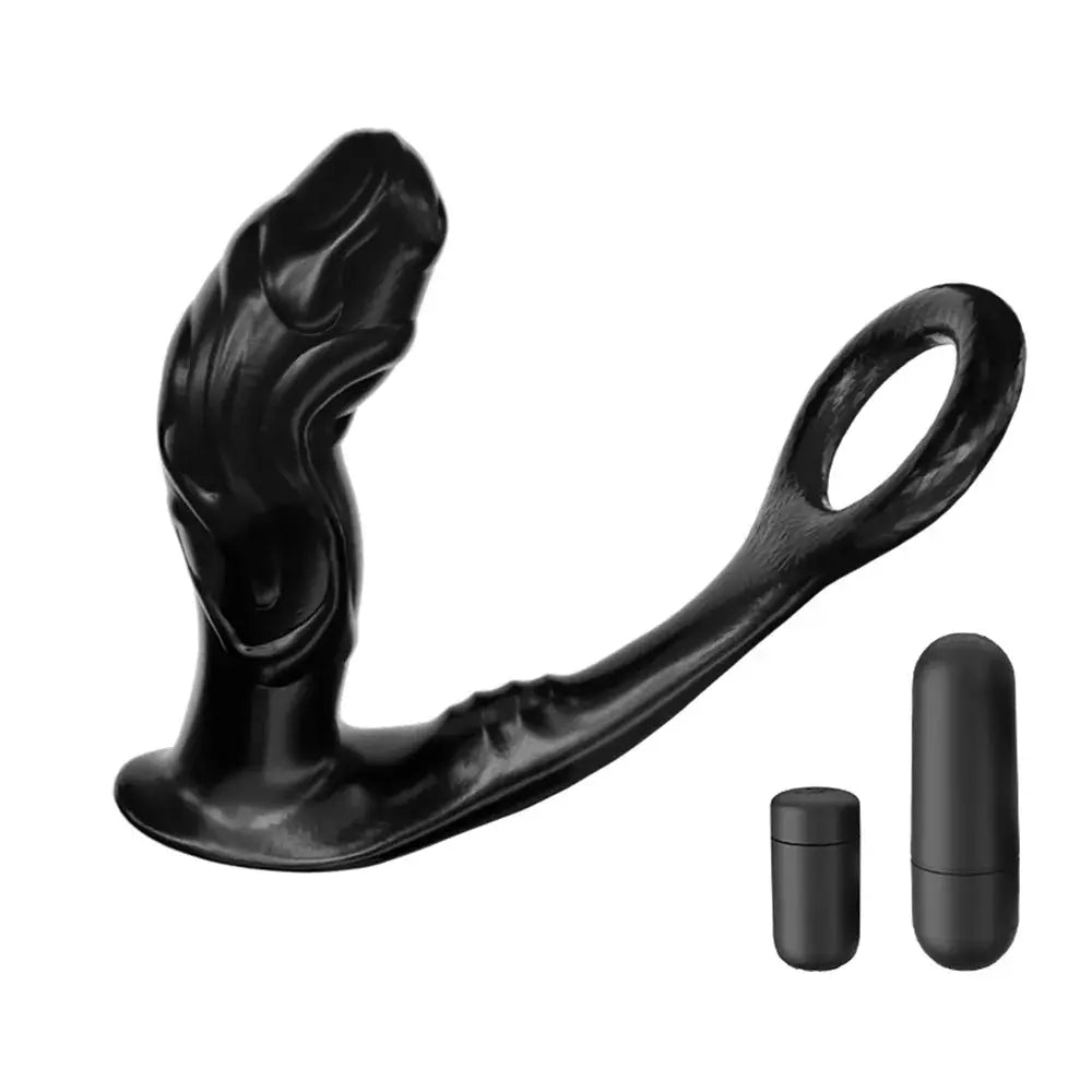 SHOPEZRA L.L.C. male prostate massager with anal vibrator, penis ring, butt plug, and bullet for male pleasure and stimulation.