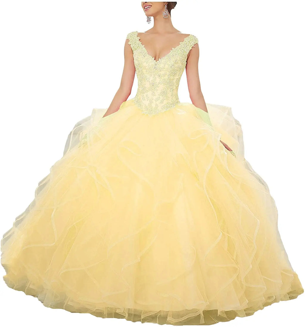 QXMYOO yellow puffy quinceanera dress for girls with floral design and layered tulle skirt.