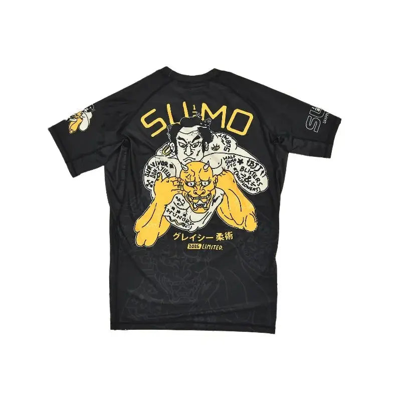 Black Japanese Hannya theme anti-abrasion Jiu-Jitsu training shirt for men, high elasticity, breathable sports T-shirt by SHOPEZRA L.L.C.