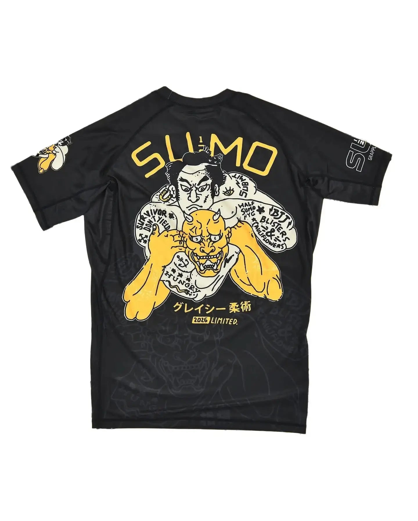 Black men's Jiu-Jitsu shirt with Japanese Hannya theme, high elasticity, anti-abrasion fabric, breathable sports T-shirt by SHOPEZRA L.L.C.