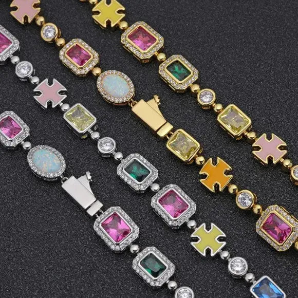 Gold-plated hip-hop gemstone necklace featuring vibrant zircon stones in various colors, perfect for bold streetwear style.