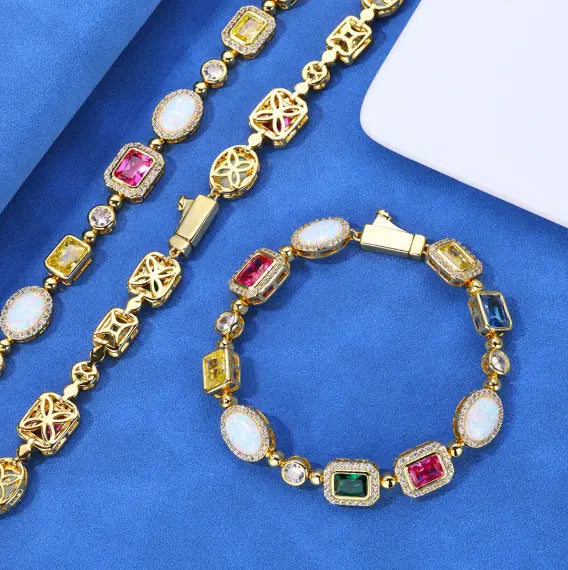Hip hop gemstone necklace featuring colorful zircon stones and luxe gold plating, perfect for bold fashion statements.