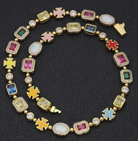 Gold-plated hip hop gemstone necklace featuring vibrant zircon stones and colorful gemstones, luxurious design for all styles.