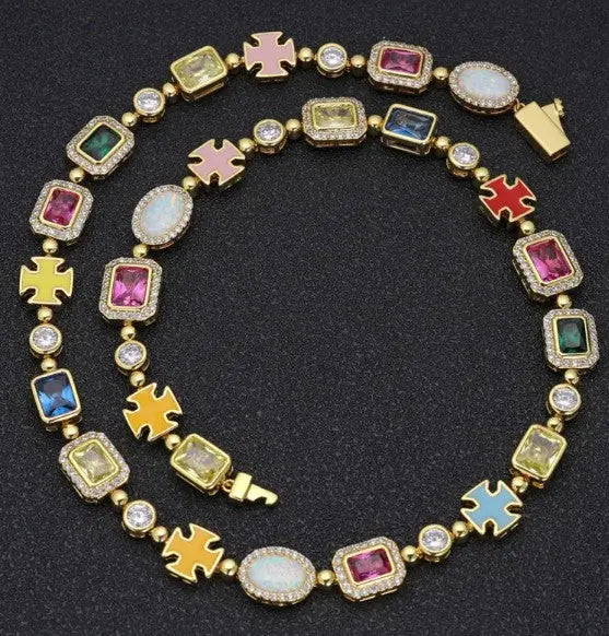 Hip hop gemstone necklace featuring colorful zircon stones and luxe gold plating, perfect for a bold fashion statement.