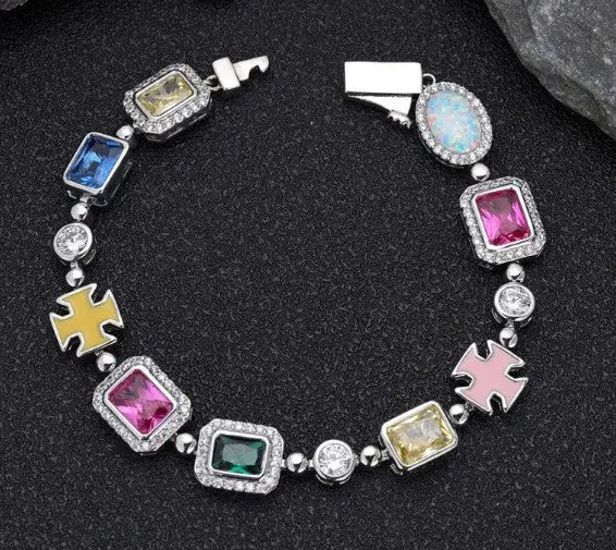 Gold-plated hip-hop gemstone necklace by SHOPEZRA L.L.C. featuring a 16-inch titanium chain with vibrant gemstones.